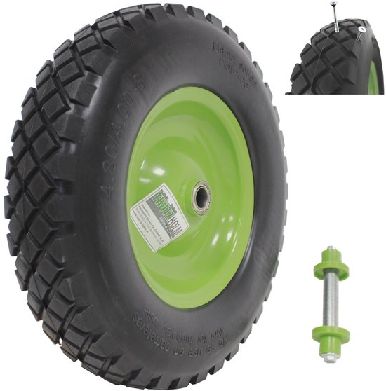 Kruiwagenwiel groen/zwart massief rubber 4.80/4.00-8 + as Reservewiel Band kruiwagen PU