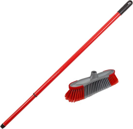 Kunststof binnenbezem synthetisch inclusief metalen telescoopsteel rood 130 cm - Zachte kamerbezems van Ragebol