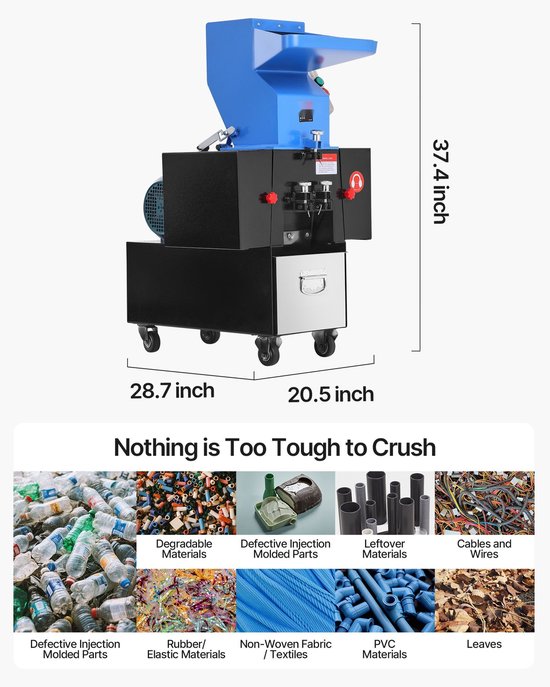 Kunststof Shredder/Crusher - Plastic Granulator - 2,2 kW Motor - Capaciteit 100–150 kg/uur - SKD11 Snijmes - 6 mm Zeef - 380V 50 Hz 3-Fase - Voor PVC/ABS/PTFE