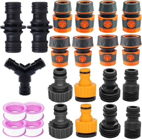Kunststof slangaansluitingen set van 19 stuks, 1/2 inch en 3/4 inch, inclusief Y-splitter en dubbele stekkers voor tuinonderhoud en irrigatie