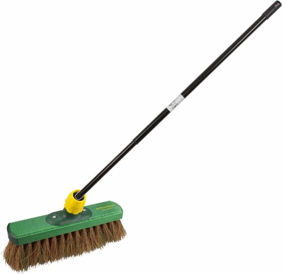 Kunststof straatbezem/buitenbezem kokoshaar 28 cm met metalen telescoopsteel zwart 80 - 130 cm - Harde buitenbezems van 4Goodz
