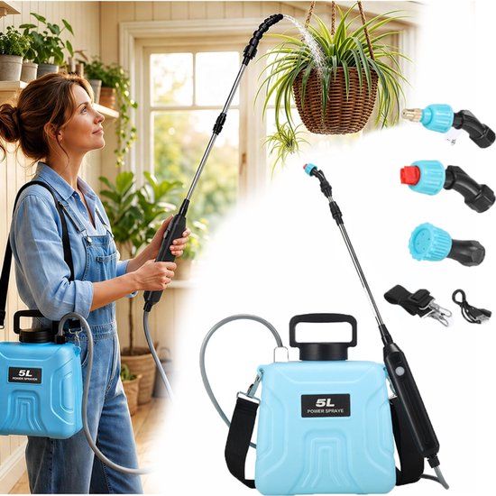 KZQ Elektrische plantensproeier met telescopische stang en 180° verstelbare kop - 5 liter watertank voor hoge hangplanten en tuin - Oplaadbaar en draagbaar - Blauw van KZQ