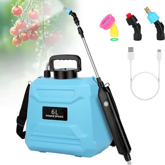 KZQ Elektrische Tuinspuit 7 6 Liter Met Accu - 3 Vernevelingskoppen Usb Oplaadbaar Handvat Uitschuifbare Lanskop En Verstelbare Draagriem - Voor Gazon Tuin En Erf - Blauw