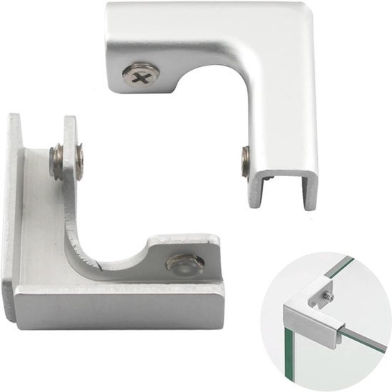 L-vormige glas-klem, aluminium glassteun, geschikt voor glasdiktes van 8-12 mm, inclusief schroeven (verpakking van 4)