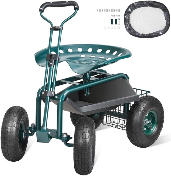 LabelOne Tuinkar - Tuinkruk - Tuinwagen - Tuinkruk op wielen - 360° draaibare zitting - in hoogte verstelbaar - tot 136kg - groen van LabelOne