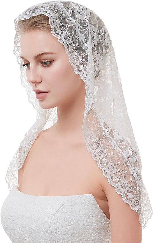 Lace bruid véil - bruid turban - headdress - katholieke kerk - driehoekige massa - Manila sjaal van Merkloos	