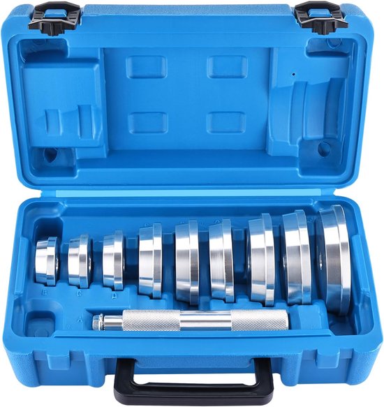 Lagerpers Set – 10-delige Lager- en Oliekeerring Montagekit met Geribbeld Handvat en 9 Dubbelzijdige Adapters – Montageset voor Wiel- en Krukaslagers en Onderhoudsaccessoires van Merkloos	