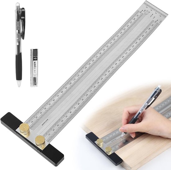 LALAGO 300mm T Type Engraving Ruler with Pencil and Refill, Stainless Steel Ruler, Precise Woodworking with Holes, Marking T-Rule Ruler for Carpenter, Marking, Positioning van LALAGO