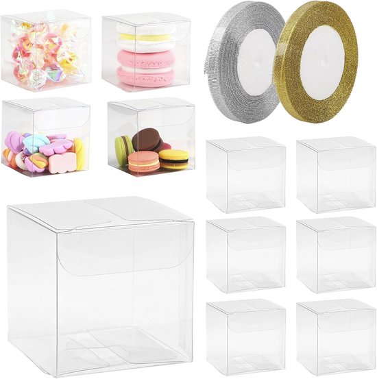 LALAGO 50 pieces Christmas gift boxes, transparent plastic gift boxes for packaging, wedding gift boxes for candy, cookies, chocolate, comes with 2 rolls of gold and van Merkloos	