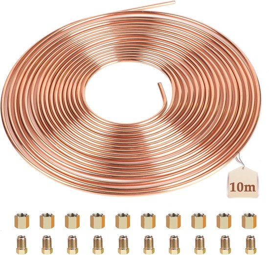 LALAGO Copper brake line 10 meters Ø3/16" (4.75mm), with 20 nuts, ready for installation, felting device, car copper brake line general brake kit van Merkloos	