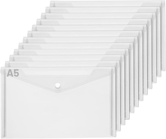 LALAGO Document Compartments, A5, Pack of 12, A5, Transparent, Document Folder with Push Button, A5, Transparent, Document Folder, Wallet for Files, Paper, Receipts, Homework, School Office van Merkloos	