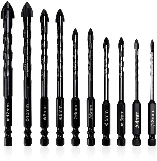 LALAGO Drill bit 10 pieces Ø 3-12 mm for tiles, glass, porcelain, diamond stoneware - universal for ceramic, granite, marble (black) van Merkloos	