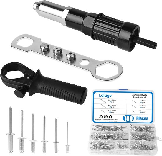 LALAGO Rivet Pliers with 180 Pcs Blind Rivets, Rivet Attachment for Drill, Cordless Screwdriver, Electric Blind Rivet Adapter, Adapter Kit with 6 Sizes Pop Rivets van Merkloos	