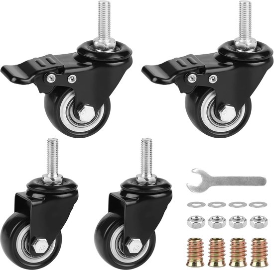 LALAGO Wheels with brake, M8 x 25 mm, castors for furniture (2 with brake + 2 swivel), 40 mm furniture wheels with brake, castors with brake, castors with thread, load capacity 50 kg per wheel
