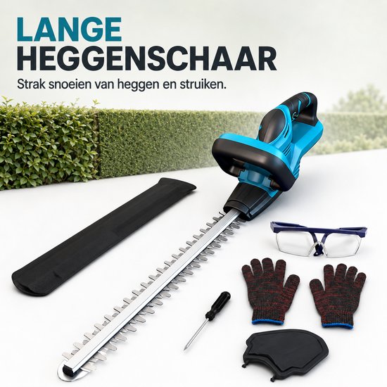 Lange Heggenschaar - Heggentrimmer voor Heggen, Hagen en Struiken - Met Mesbeschermer, Veiligheidsbril, Werkhandschoenen, Handbescherming en Onderhoudsaccessoires