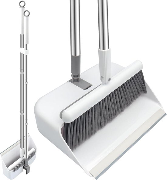 Lange steel bezem en stofzuigerset 137 cm met intrekbare handgreep stofpan en borstelset opklikbare stofpanbezem met kam voor buiten thuis keuken binnen tuin van Merkloos	