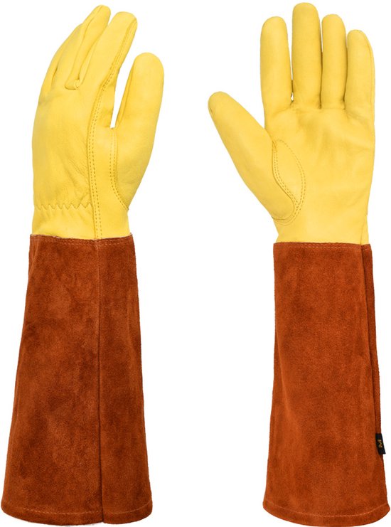 Lange tuinhandschoenen, snoeihandschoenen voor rozen, lange leren handschoenen tegen doornen, werk- en lasbeschermingshandschoenen (bruin S) van Acdyion