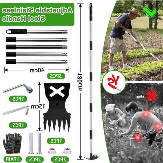 Langhandige Onkruidverdelger 180 cm - 2-in-1 Onkruidhark en Tuinhak, Ideaal voor Tuinonderhoud, Onkruidbestrijding, en Tuinwerkzaamheden in Hof, Gazon en Patio