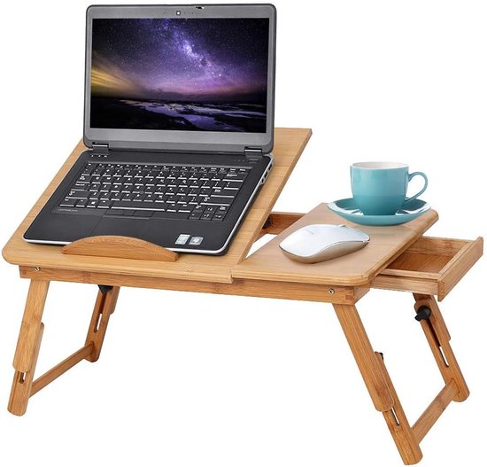 Laptoptafel voor Bed, Houten Inklapbaar Ontbijtdienblad met Lade, Bedtafel voor Bank, Lezen, Tekentafel