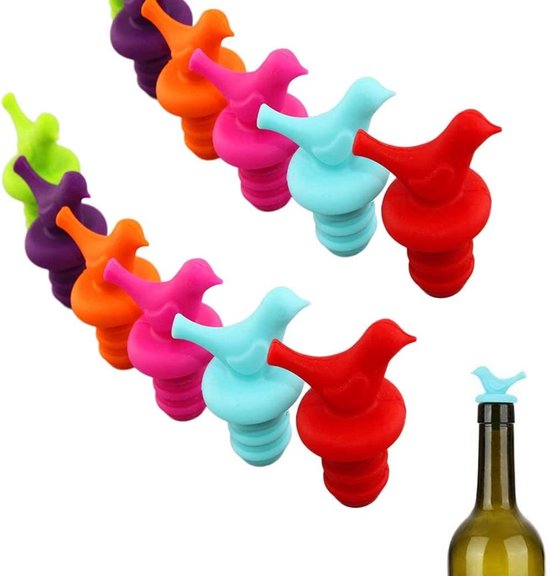 LATRAT 10 stuks wijnflessluitingen, wijndop, flessendop voor het inmaken van bier, dranken, alcohol, schattige vogels, siliconen wijnflesdoppen van Merkloos	