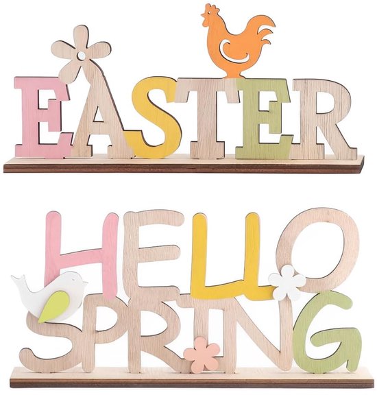 LATRAT 2 stuks houten opschrift, paasdecoratie, Hello Spring met vogeltjes, bloemen, lente, Pasen, feest, festival, decoratie, thuis, woonkamer, slaapkamer van LATRAT
