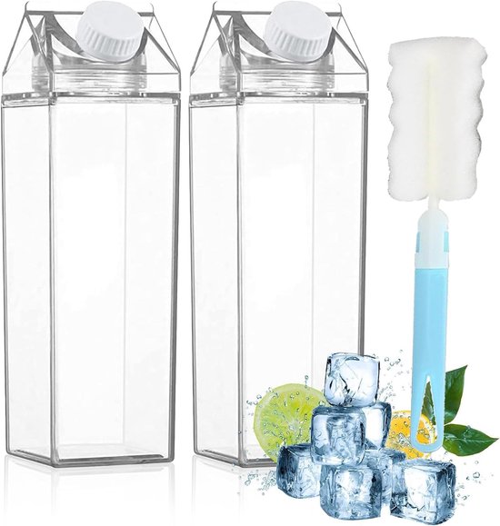 LATRAT 2 stuks transparante melkbox, waterfles, herbruikbaar, melkkarton met bekerborstel, voor het bewaren van dranken, picknicks, camping, melk, sinaasappelsap, bier in de koelkast, 1 liter van Merkloos	