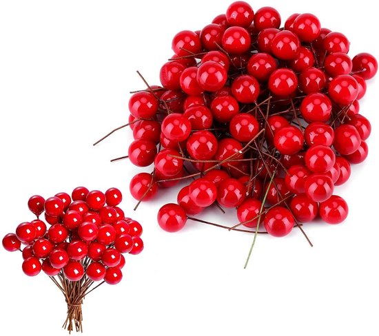 LATRAT 200 stuks rode hulstbessen, kunstbessen, accessoires voor het maken van kransen, kerstkrans, tafelboom, bruiloftsdecoratie, doe-het-zelf kerstknutselen van LATRAT