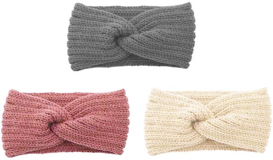 LATRAT 3 stuks hoofdband voor meisjes, winter, gehaakte warme fleece hoofdband voor dames, beige, grijs, roze van LATRAT