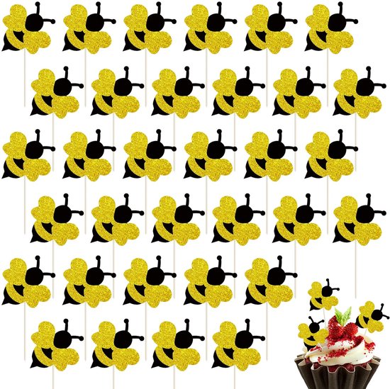 LATRAT 36 stuks bijen taarttoppers, cupcake-prikkers, decoratie voor kinderen, baby, jongens, verjaardag, feestdecoratie van LATRAT