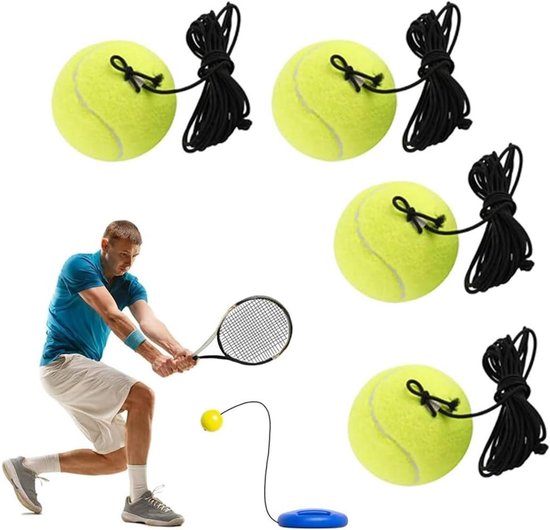 LATRAT 4-delige tennisbal met string, tennistrainer, reservebal, uitrusting, duurzame reserveballen met koord voor beginners, trainingsuitrusting, geel van Merkloos	