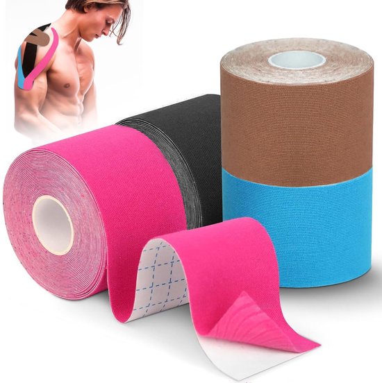 LATRAT 4 kinesiologische tape, sport-kinesiotape voor spieren, 5 m x 5 cm (1 x blauw, 1 x roze, 1 x zwart, 1 x beige)