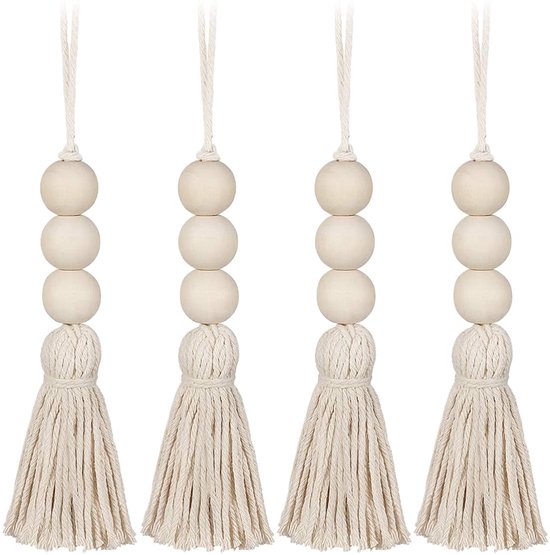 LATRAT 4 stuks houten kwastkralen met kwastjes, ornamenten, deurgreep, kwast, parelhanger voor kast, kastdeur, decoratieve wanddecoratie, bommel, parel, hanger voor kast, veranda van LATRAT