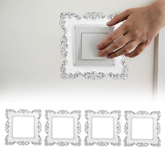 LATRAT 4 stuks lichtschakelaarstickers, luxe stickers voor schakelaar, 155 mm/86 mm, stickers, luxe bloemen, muurstickers, surround stickers, cover, zilver, muur, woondecoratie, wit van LATRAT
