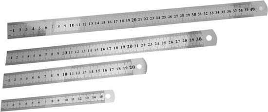 LATRAT 4 stuks roestvrijstalen linialen, metalen linialen, stalen liniaal voor studenten, architecten, tekeningen, ingenieurschool (15, 20, 30, 40 cm) van Merkloos	