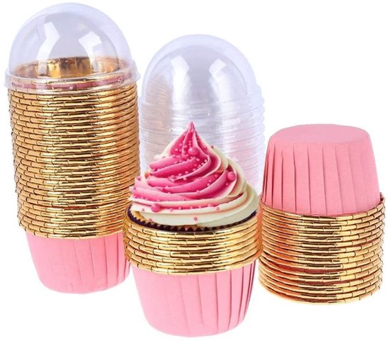 LATRAT 50 stuks aluminium folie cupcake-vormpjes wegwerp bakbekers met deksel, roze goud, hittebestendig, anti-aanbaklaag, voor feesten en feesten van LATRAT
