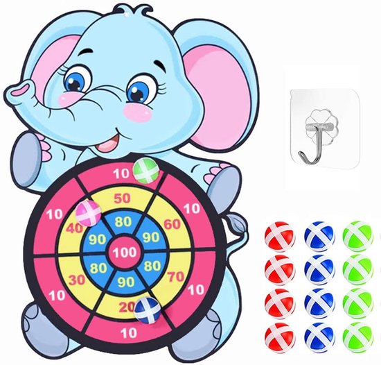 LATRAT Dartspel voor kinderen, pijlset met olifant voor kinderen, dartset met haak voor binnen en buiten, 12 zelfklevende ballen van Merkloos	