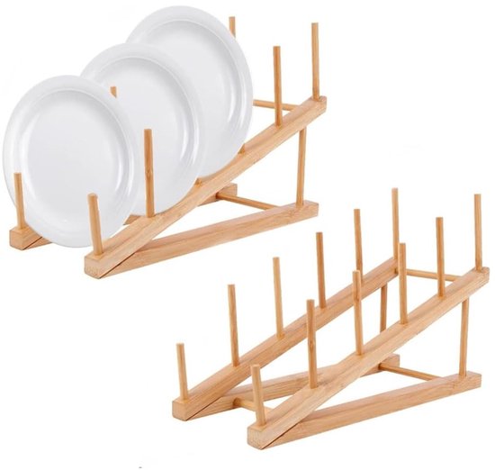 LATRAT Houten serviesstandaard, 2 stuks bamboe bordenstandaard, pannendekselhouder, vaatdroogrek, keukenkast-organizer, voor kopjes, snijplank, kom, borden, pannendeksel van LATRAT