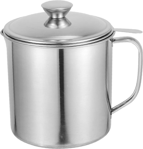 LATRAT Vetreservoir met zeef, vetpot met lichte handgreep, roestvrijstalen olieopslagcontainer, stofdicht, voor het bewaren van frituurolie en voedselvet, zilveren handgreep van LATRAT