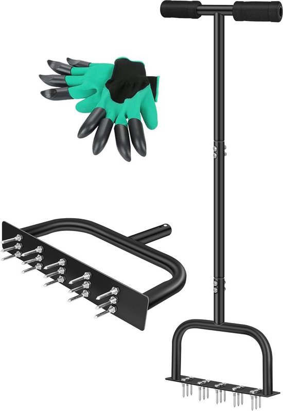 Lawn Aerator Spike Manual Aerator Metal with Scarifier Rake - 15 Iron Spikes - Pre-Assembled Grass Aerator Tool van Trulove