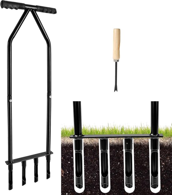 Lawn aerator voor gazononderhoud en ontwatering van verdichte grond, 4-pols zware handgreep met reinigingsgereedschap voor optimale bodemluchtigheid