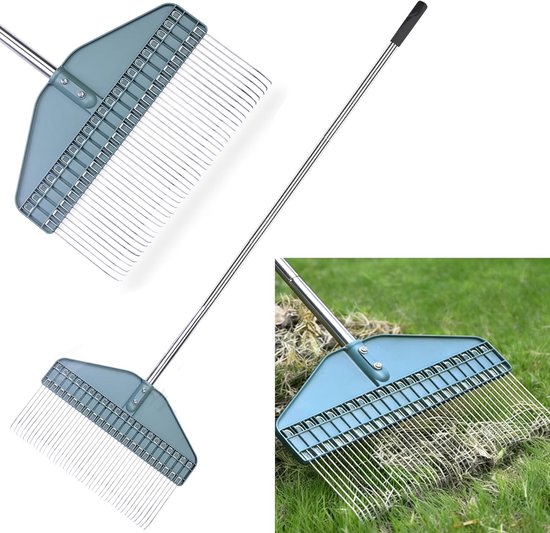 Lawn Rake voor Bladeren en Tuin, 43 cm Hoofd met 66 Inch RVS Handvat voor Tuin, Gazon en Struiken