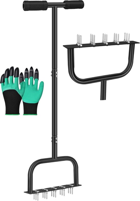 Lawn Spike Aerator, T-handgreep, handmatige ontsmetting en bodem-aerating tool met 15 ijzeren spikes, 99 cm, grijs van Relaxdays