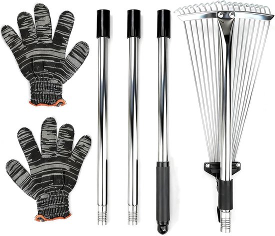 Leaf Rake with Handle, Adjustable Leaf Rake with Handle, Four Part Hay Rake with 18 Teeth for Cleaning Plants, Lawn - ShopVlot van Leaf Rake