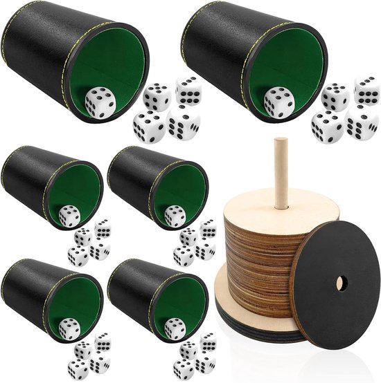 Leather Cube Cup Set - 6 Leer Dice Glazen - 30 Dobbelstenen - Shock Snijgerei en Dobbelstenen - Dobbelspel voor Entertainment Games van Merkloos	