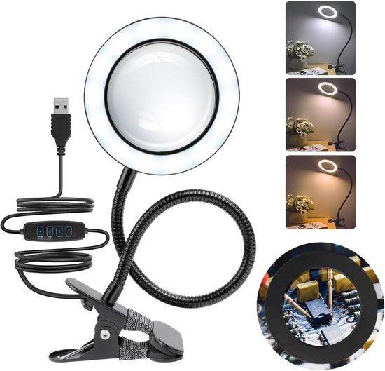 LED-vergrootglaslamp - 3x vergrootglas met licht - 3 kleuren - 10 helderheid - 360 ° verstelbare desktop-vergrootglaslamp met klem - voor werk - make-up - lezen - naaien van Merkloos	