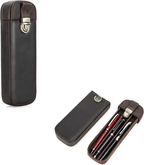 Lederen pen Case Draagbare Lederen Vulpen Opbergdoos met Beveiligd Lock Vintage Lederen Pen Houder voor School en Zakenreizen, 9067-koffie