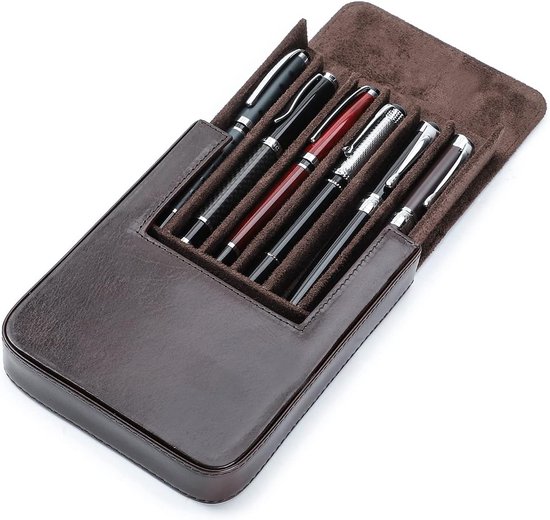 lederen pen case Draagbare penbox met verborgen magnetische kliksluiting en afneembare penlade Ontwerp lederen pen opbergcase, Koffie, For 6 Pens, Recht