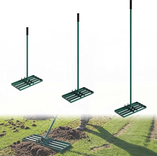 Leveling Rake rakel 50 x 25 cm groen, verstelbare nivelleringshark 95,5-185 cm met roestvrijstalen handgreep en rubberen handgreep, gazonhark, ideaal voor gazononderhoud, tuinverzorging