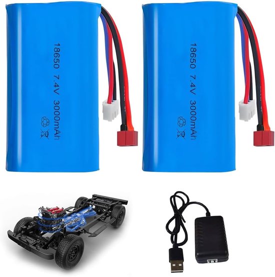 Li-ion batterij 7,4 V 3000 mAh oplaadbare lithium-ionen-accu met Deans T-stekker en XH-3P-oplader - RC-accu voor voertuigen, tank, auto, robot en stuntauto van Merkloos	