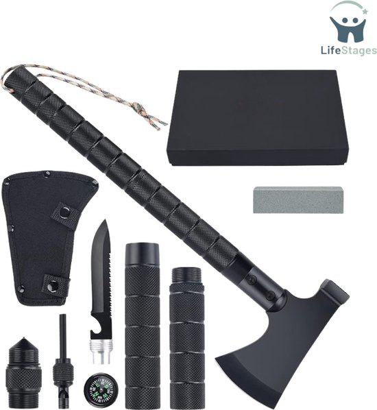LifeStages - Overlevingspakket - Survival Bijl - 11-in-1 Multitool Bijl - Outdoor bijl met 11 Functies - Bijl, Vuursteen, Mes, Wetsteen, Zaag, Hamer en Nog Veel Meer - Ideaal Overlevingsgereedschap - Zwart van Merkloos	